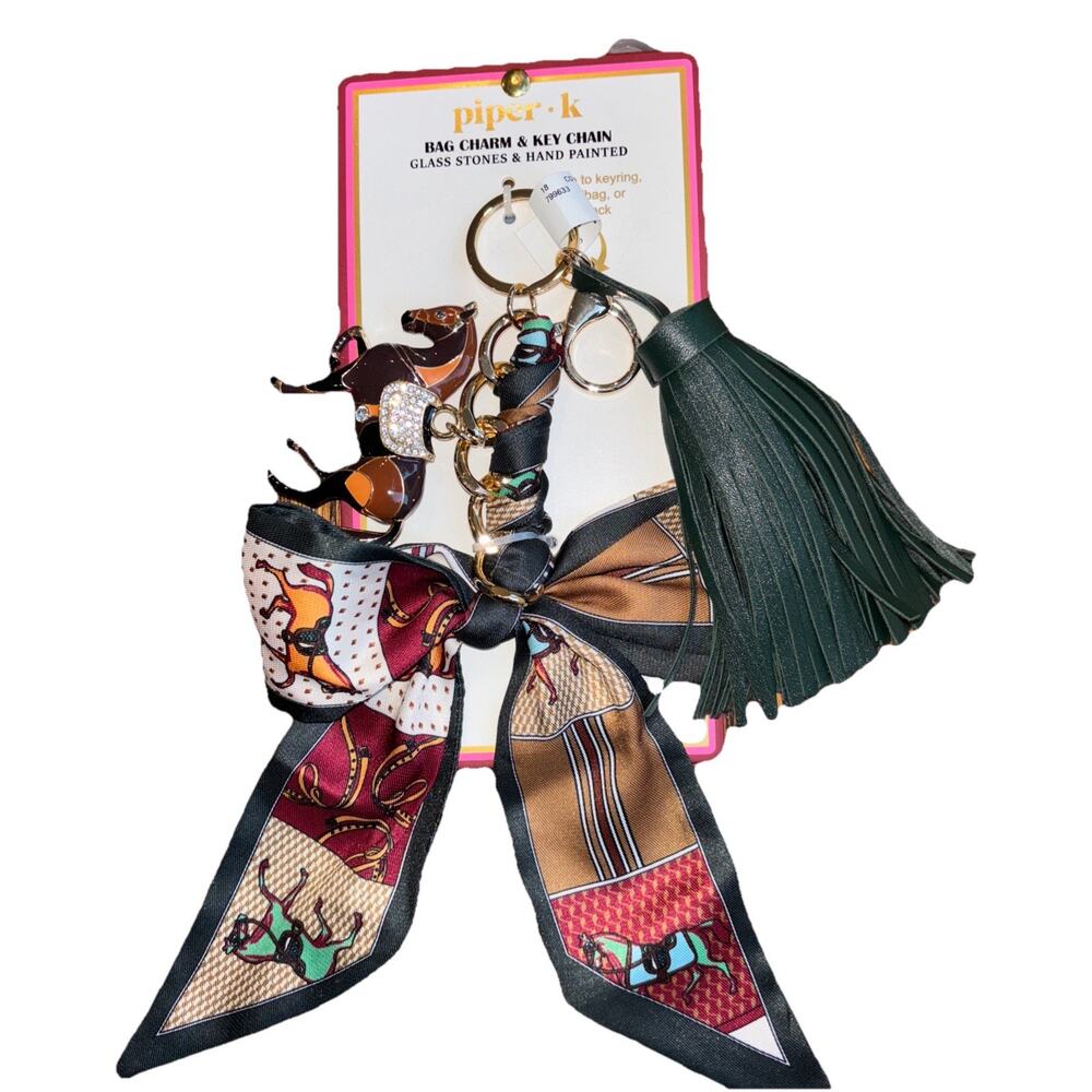 Piper K Bag Equestrian Hand Painted Horse Bow Green Tassel Charm Key Chain New